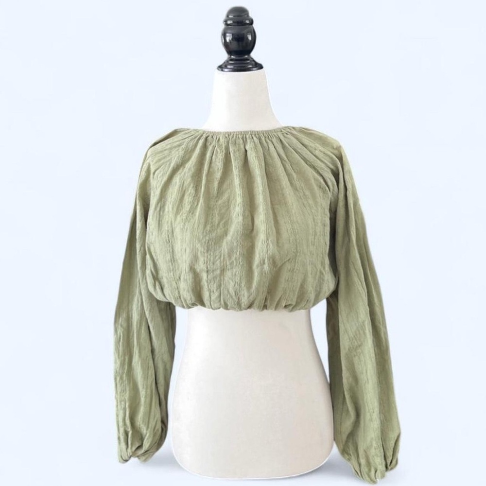 Green Off Shoulder Cropped Peasant Blouse Boho Billow Sleeve Top Size S